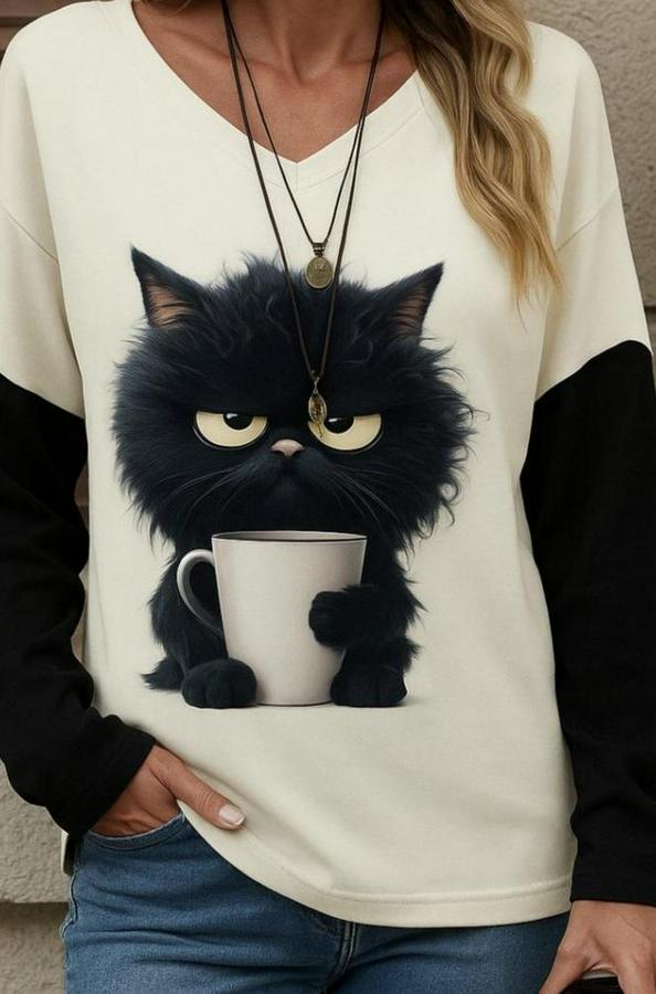 Uzun Kollu V Yakalı Kedi Baskılı Şardonlu Dalgıç Bluz