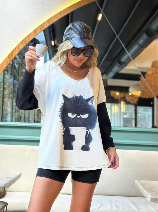 Uzun Kollu V Yakalı Kedi Baskılı Şardonlu Dalgıç Bluz