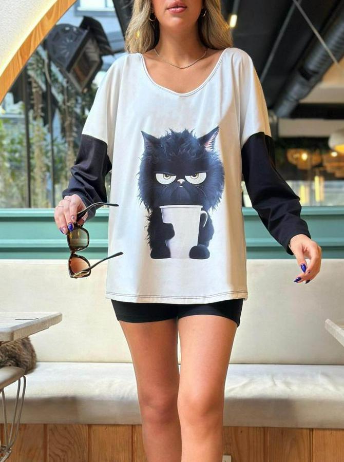 Uzun Kollu V Yakalı Kedi Baskılı Şardonlu Dalgıç Bluz