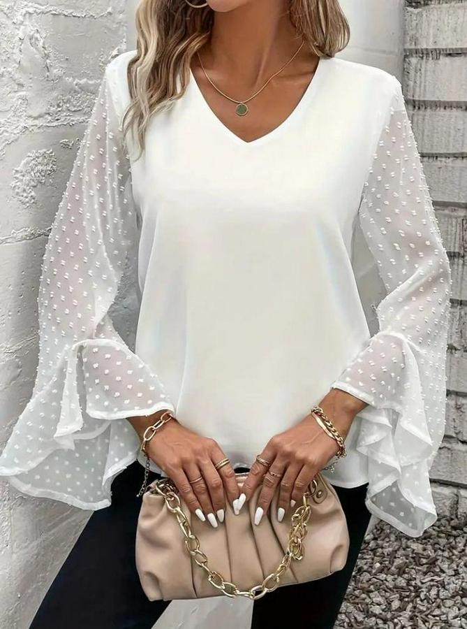 Uzun Kollu V Yakalı Kolları Ispanyol Detayı Sandy Bluz