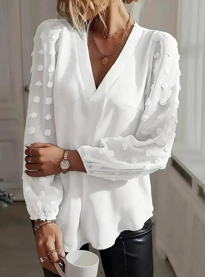 Uzun Kollu V Yakalı Kolları Popon Detaylı Sandy Bluz