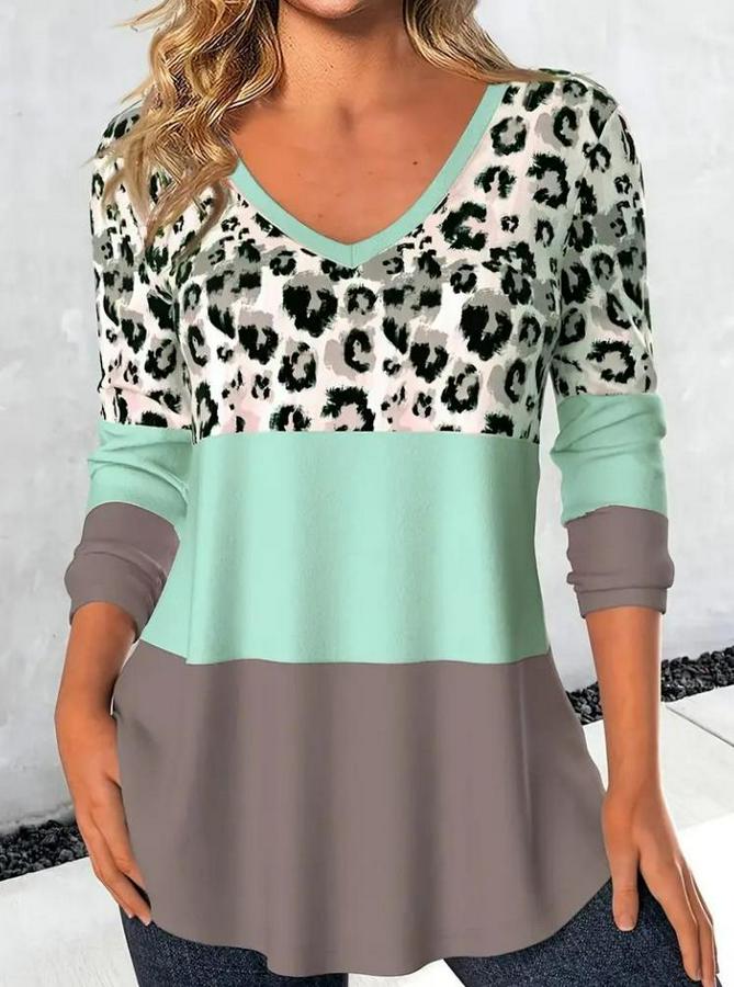 Uzun Kollu V Yakalı Leopar Baskılı Şardonlu Dalgıç Bluz