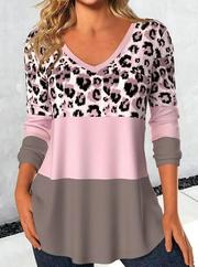 Uzun Kollu V Yakalı Leopar Baskılı Şardonlu Dalgıç Bluz