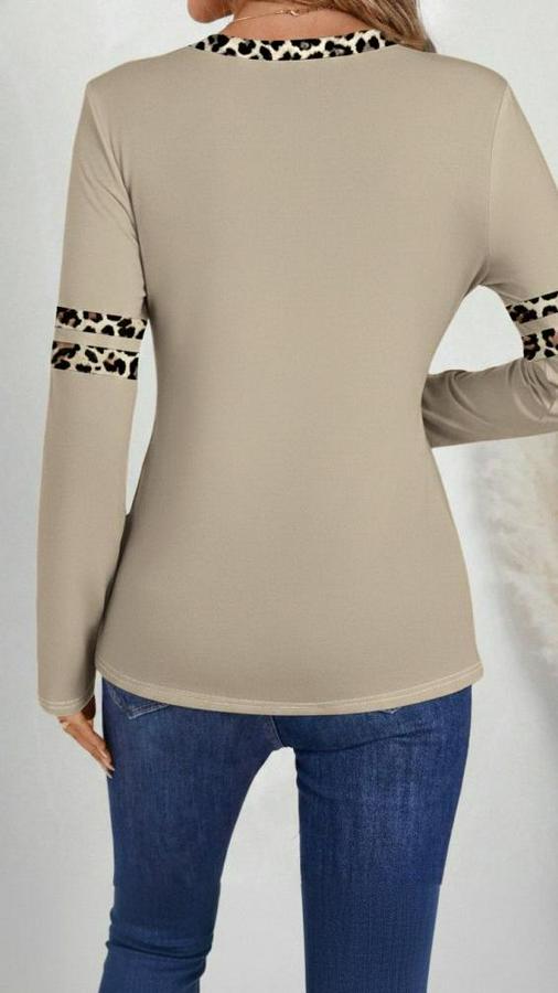 Uzun Kollu V Yakalı Leopar Desenli Viskon Iki Iplik Bluz