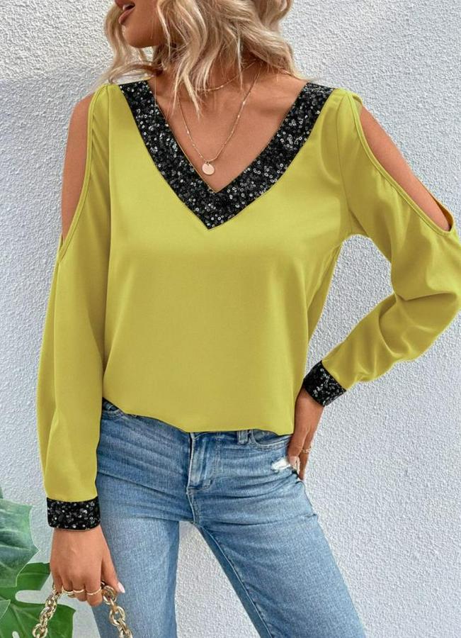 Uzun Kollu V Yakalı Omuzlardan Açık Sandy Bluz