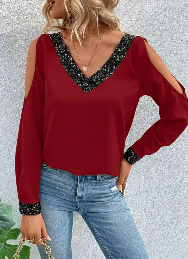 Uzun Kollu V Yakalı Omuzlardan Açık Sandy Bluz 