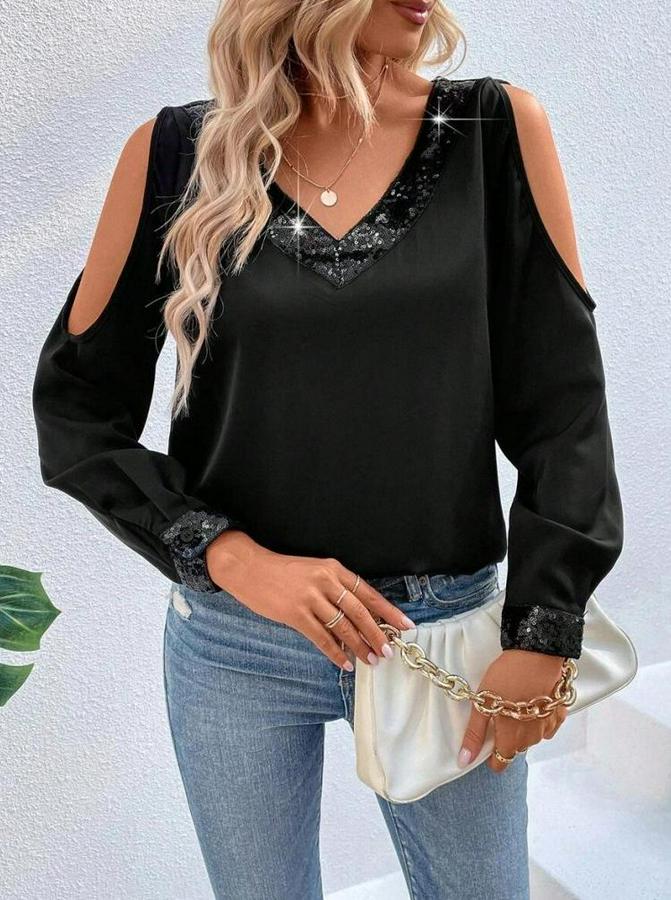 Uzun Kollu V Yakalı Omuzlardan Açık Sandy Bluz