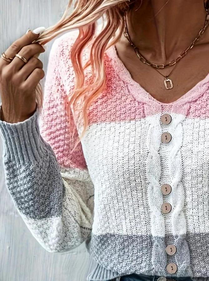 Uzun Kollu V Yakalı Önden Düğmeli Çok Renkli Bluz