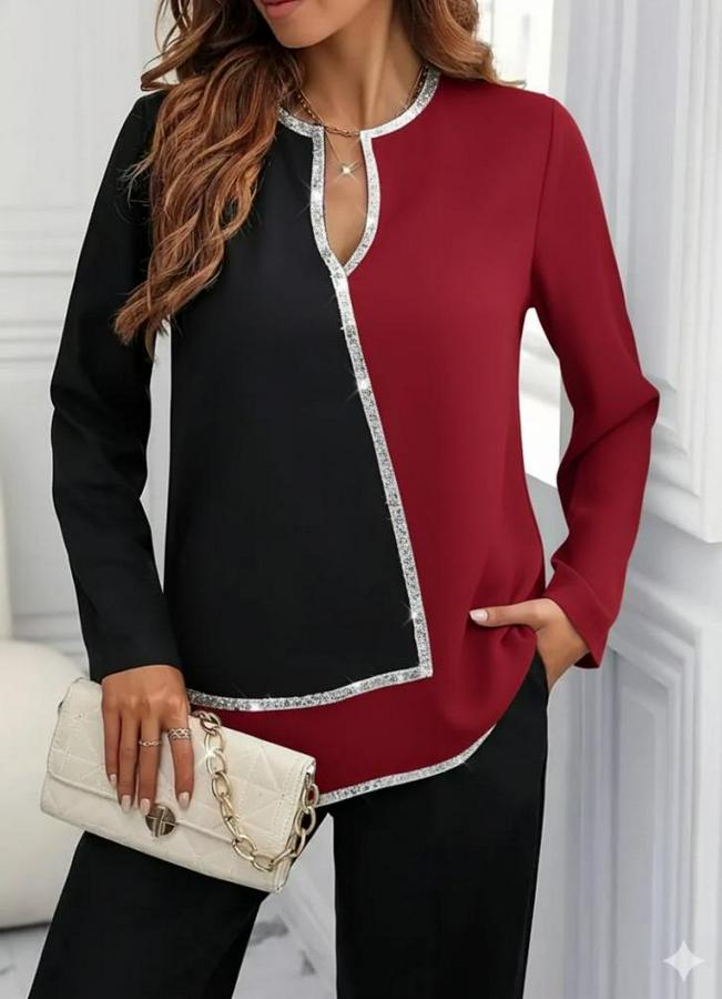 Uzun Kollu V Yakalı Pul Payet Işlemeli Ithal Krep Bluz