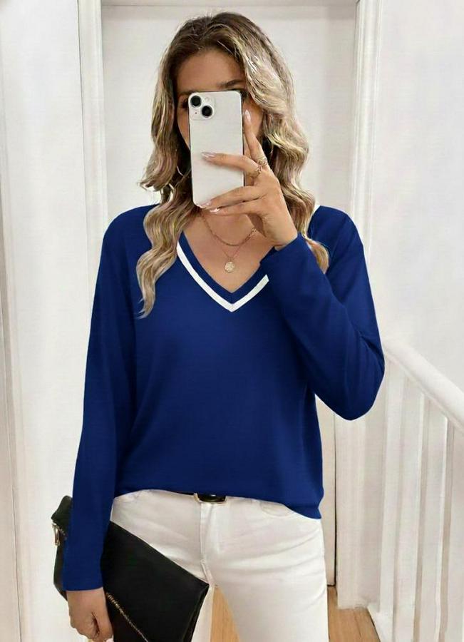 Uzun Kollu V Yakalı Viskon Iki Iplik Bluz