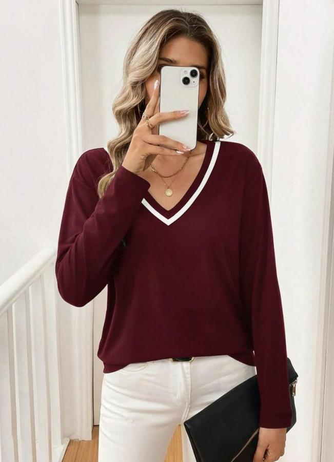 Uzun Kollu V Yakalı Viskon Iki Iplik Bluz