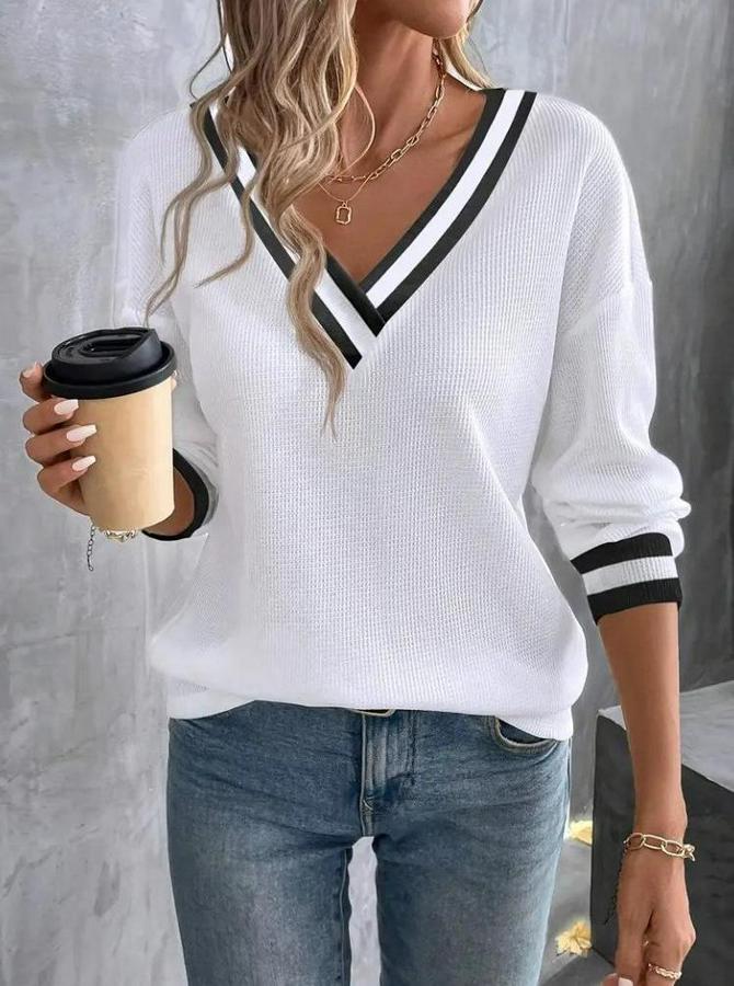 Uzun Kollu V Yakalı Waffle Bluz