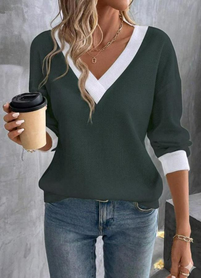 Uzun Kollu V Yakalı Waffle Bluz