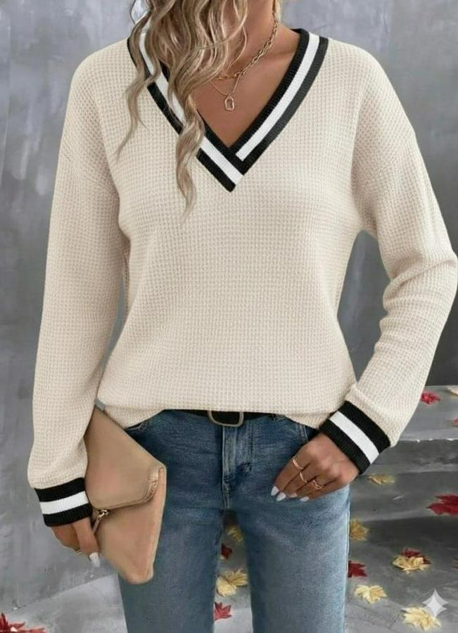 Uzun Kollu V Yakalı Waffle Bluz