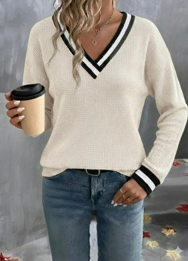 Uzun Kollu V Yakalı Waffle Bluz
