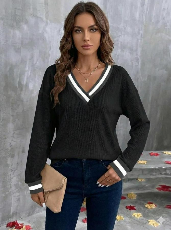 Uzun Kollu V Yakalı Waffle Bluz