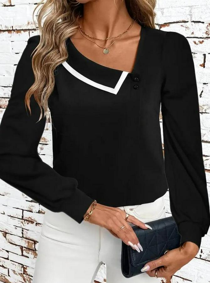 Uzun Kollu Yaka Detaylı Düğmeli Ithal Krep Bluz