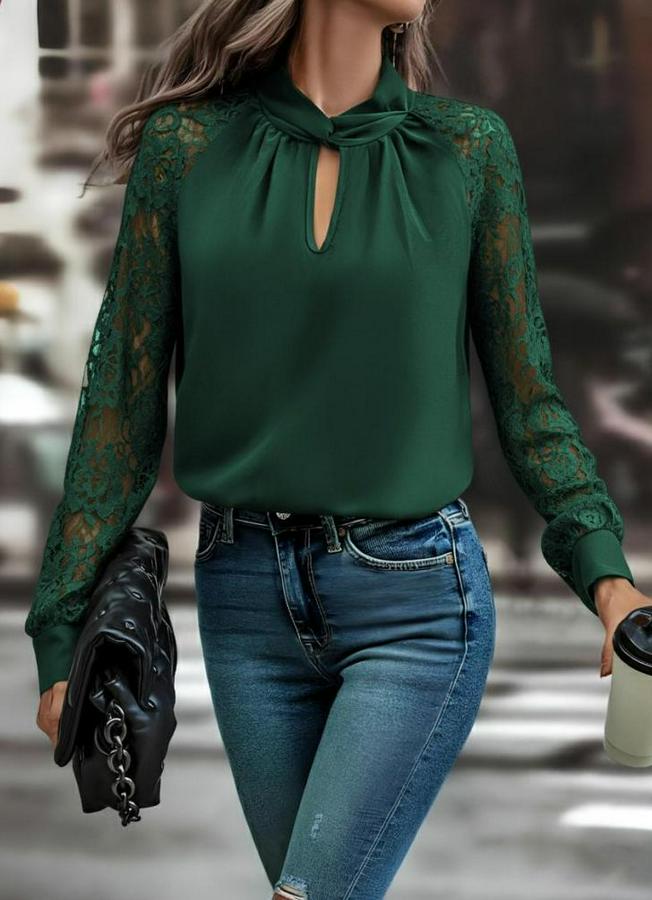 Uzun Kollu Yaka Düğme Detay Güpürlü Kol Krep Bluz