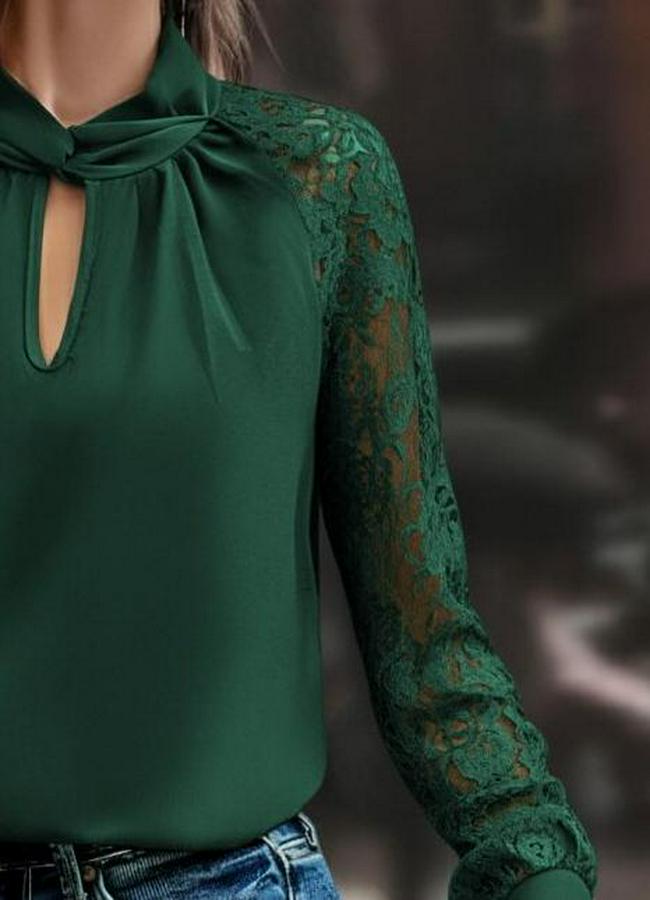 Uzun Kollu Yaka Düğme Detay Güpürlü Kol Krep Bluz