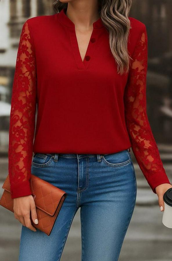 Uzun Kollu Yaka Düğme Detay Güpürlü Kol Krep Bluz