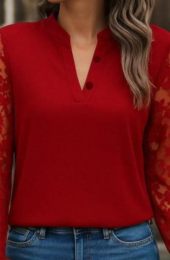 Uzun Kollu Yaka Düğme Detay Güpürlü Kol Krep Bluz
