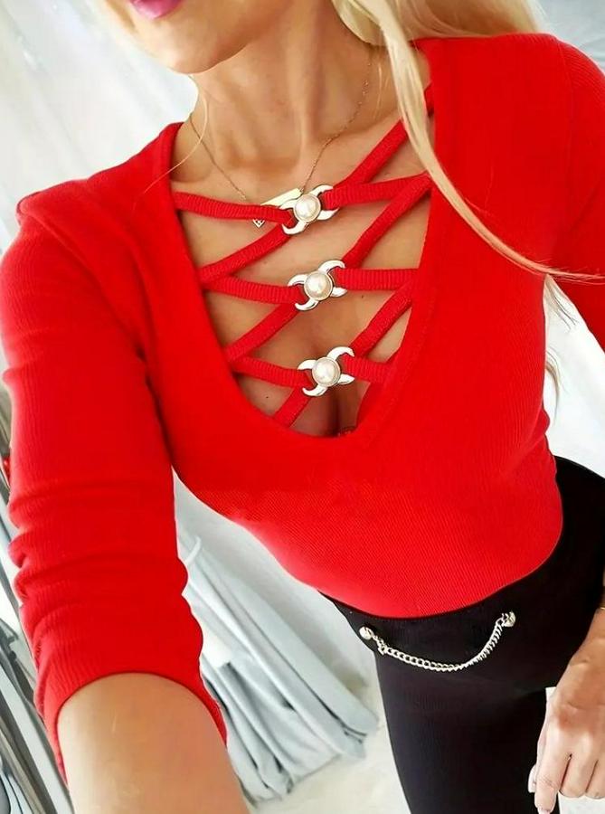 Uzun Kollu Yakadan Çapraz Detaylı Kaşkorse Bluz