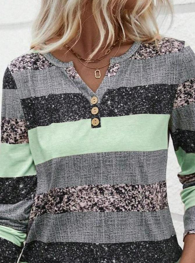 Uzun Kollu Yakadan Düğmeli Çizgili Desenli Süprem Bluz