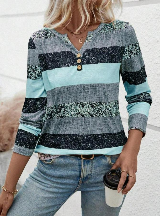 Uzun Kollu Yakadan Düğmeli Çizgili Desenli Süprem Bluz