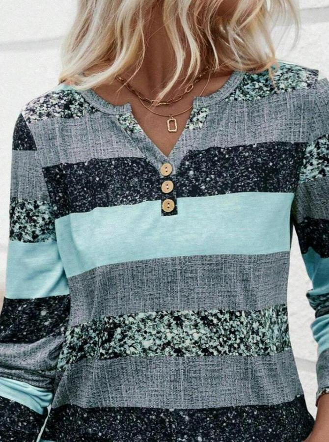 Uzun Kollu Yakadan Düğmeli Çizgili Desenli Süprem Bluz