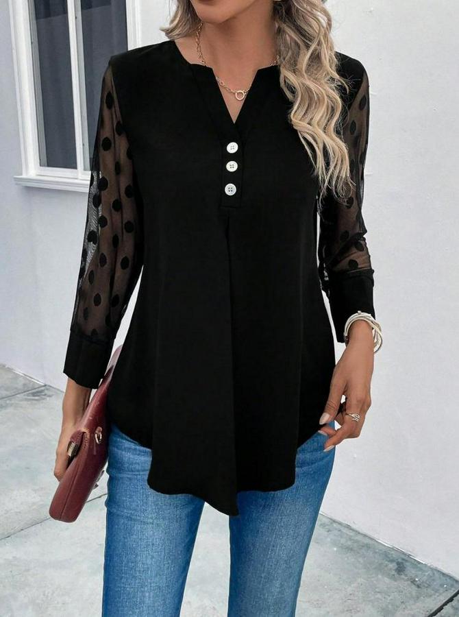 Uzun Kollu Yakadan Düğmeli Kolları Tül Detaylı Viskon Bluz