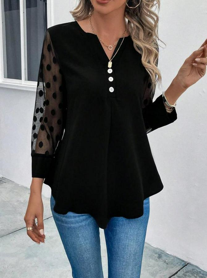 Uzun Kollu Yakadan Düğmeli Kolları Tül Detaylı Viskon Bluz