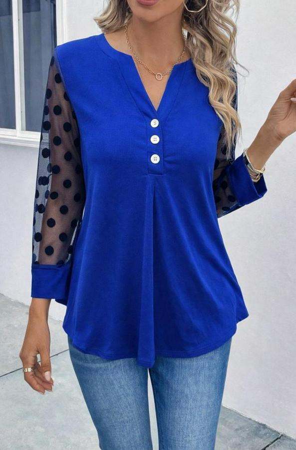 Uzun Kollu Yakadan Düğmeli Kolları Tül Detaylı Viskon Bluz