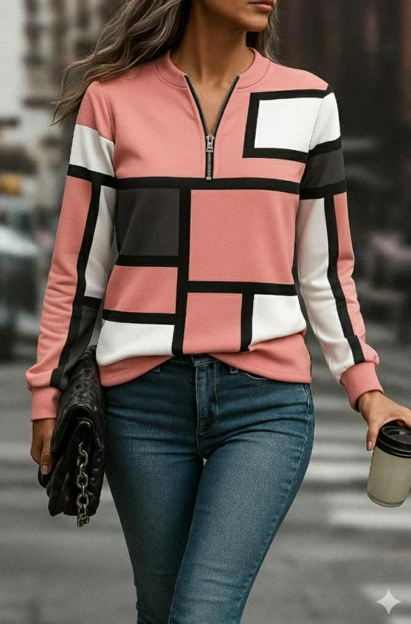 Uzun Kollu Yakadan Fermuarlı Desenli Şardonlu Dalgıç Bluz