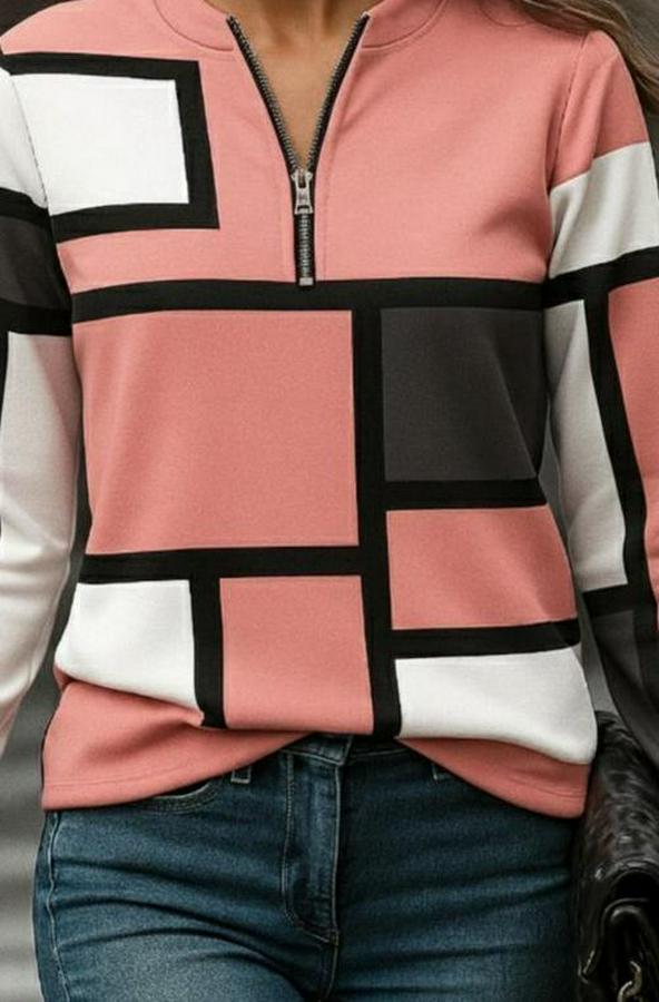 Uzun Kollu Yakadan Fermuarlı Desenli Şardonlu Dalgıç Bluz