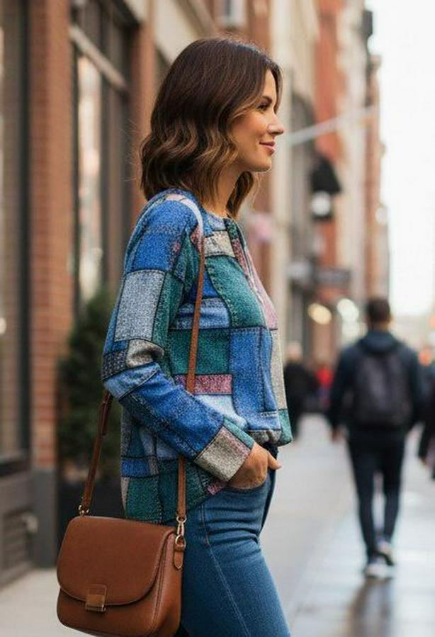 Uzun Kollu Yakadan Fermuarlı Kot Görünüm Desenli Uzun Modal Bluz