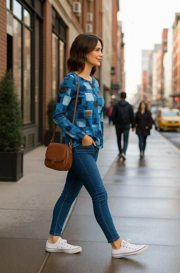 Uzun Kollu Yakadan Fermuarlı Kot Görünüm Desenli Uzun Modal Bluz