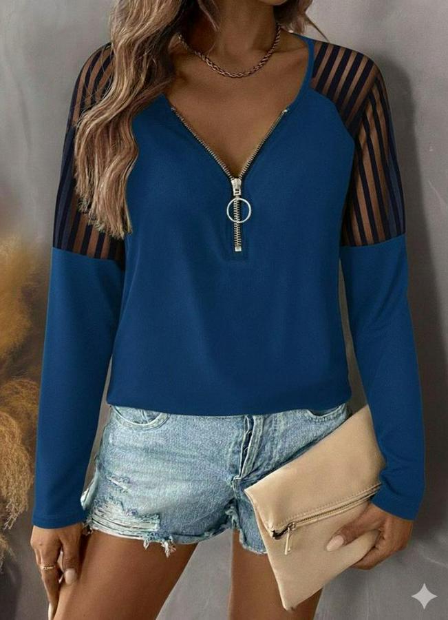 Uzun Kollu Yakadan Fermuarlı Viskon Bluz