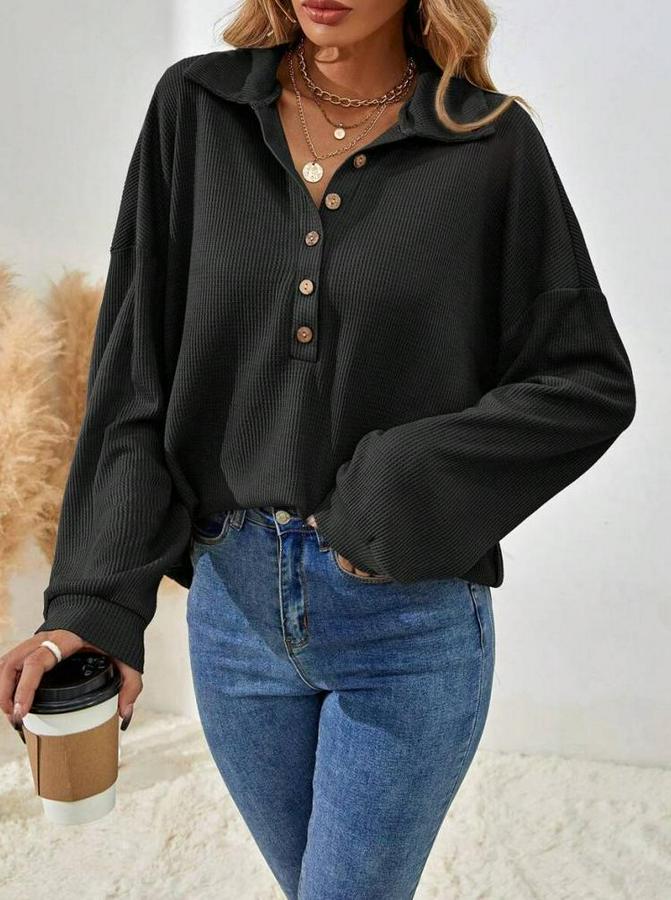 Uzun Kollu Yakalı Düğmeli Salaş Waffle Bluz