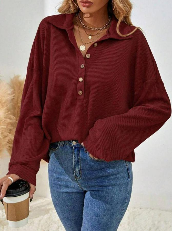 Uzun Kollu Yakalı Düğmeli Salaş Waffle Bluz