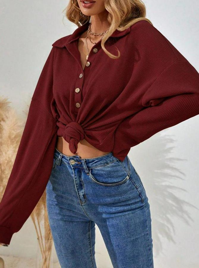 Uzun Kollu Yakalı Düğmeli Salaş Waffle Bluz