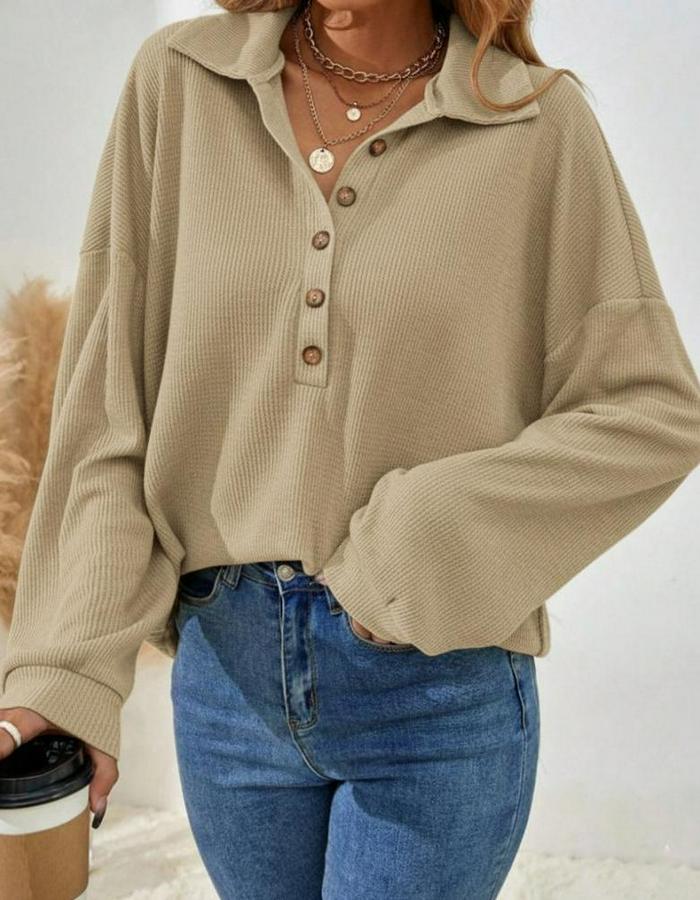 Uzun Kollu Yakalı Düğmeli Salaş Waffle Bluz