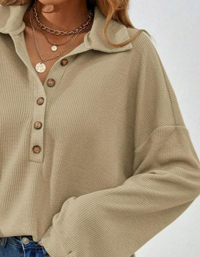 Uzun Kollu Yakalı Düğmeli Salaş Waffle Bluz