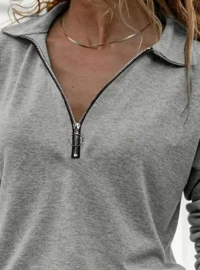 Uzun Kollu Yakalı Fermuarlı Iki Iplik Bluz