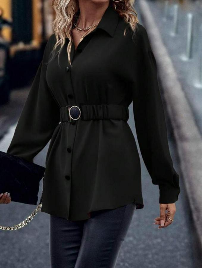 Uzun Kollu Yakalı Önden Düğmeli Belden Kemerli Ithal Krep Bluz