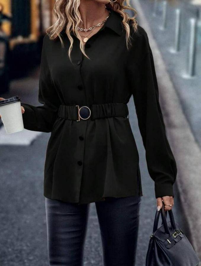 Uzun Kollu Yakalı Önden Düğmeli Belden Kemerli Ithal Krep Bluz