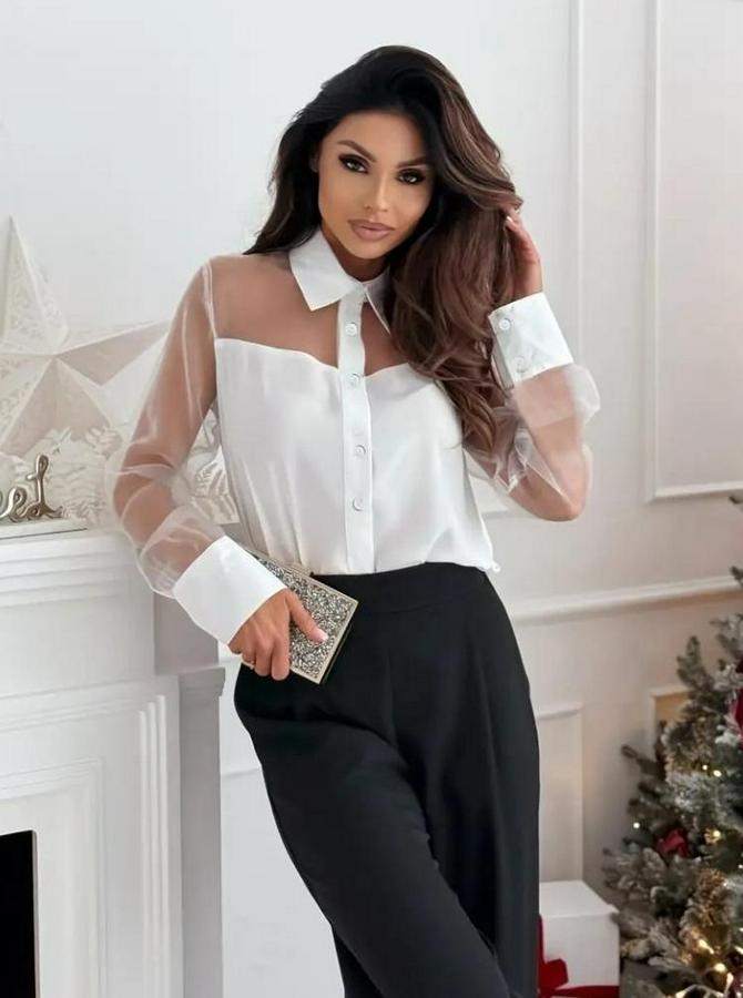 Uzun Kollu Yakalı Önden Düğmeli Tül Detaylı Dokuma Viskon Bluz