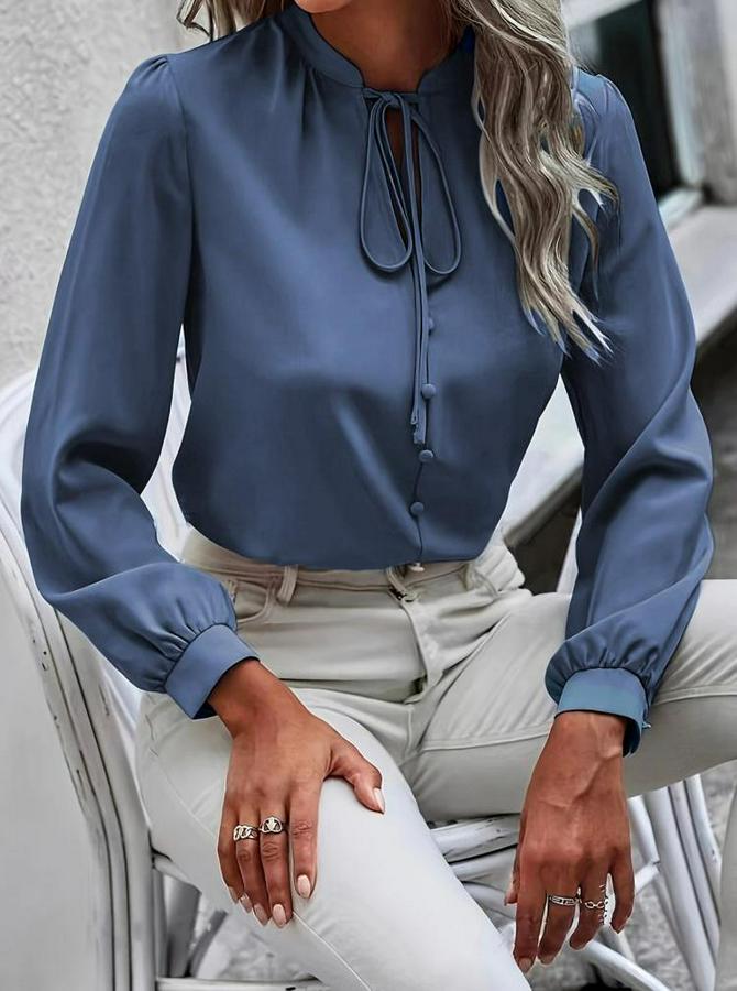 Uzun Kollu Yakalı Yakadan Bağcıklı Düğmeli Sandy Bluz