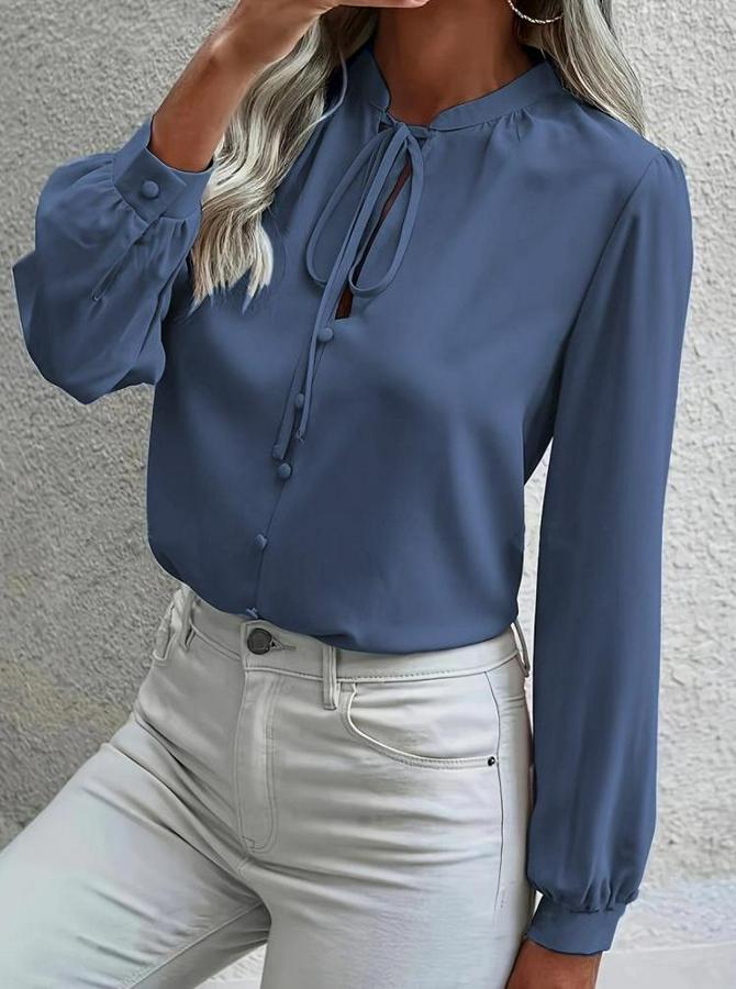 Uzun Kollu Yakalı Yakadan Bağcıklı Düğmeli Sandy Bluz