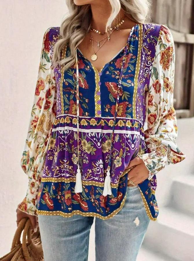 Uzun Kollu Yakası Açık Bağcıklı Çiçek Desenli Salaş Bluz