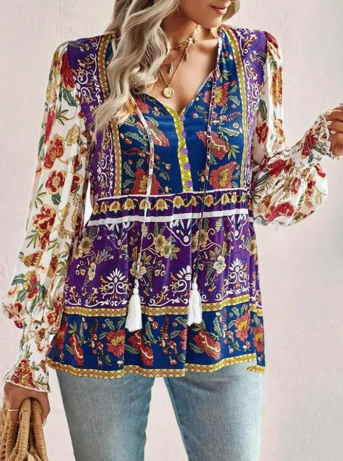 Uzun Kollu Yakası Açık Bağcıklı Çiçek Desenli Salaş Bluz